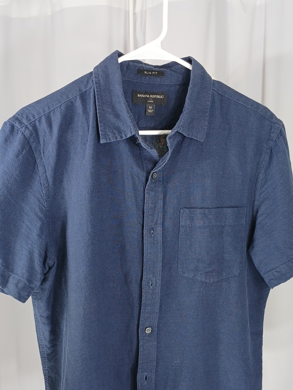 Banana Republic mens Navy Blue Slim Fit Short Sleeve linen Button-Up Shirt